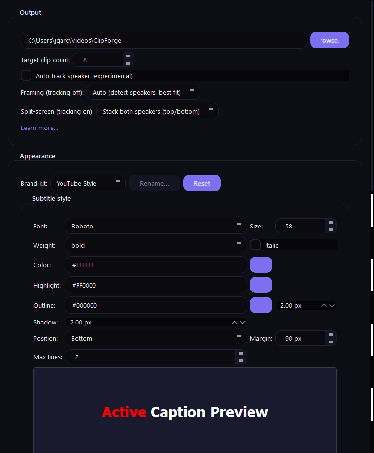 Caption style editor with live preview