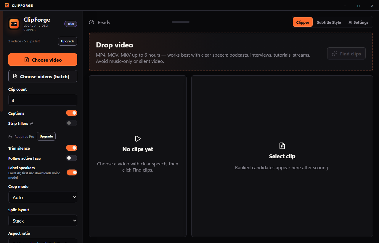 ClipForge empty state with sidebar controls and drop video area